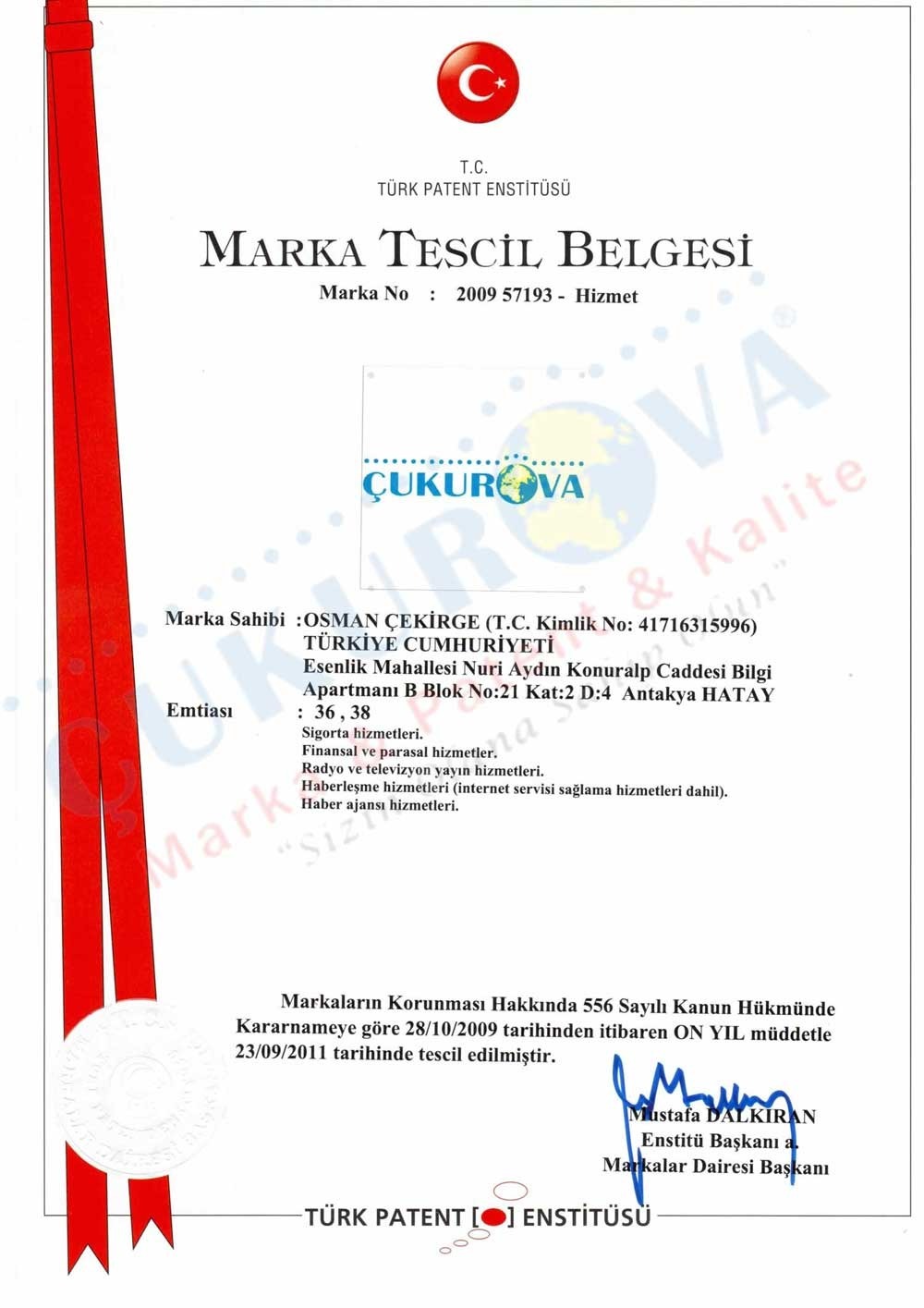 Çukurova 36-38. Sınıf Tescil Belgesi