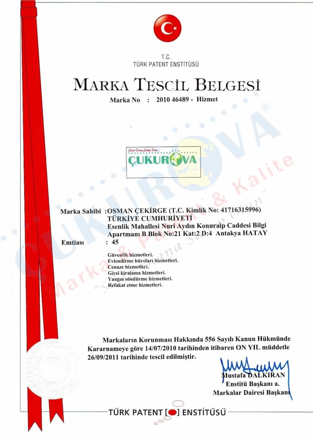 Çukurova 45.sınıf Tescil Belgesi