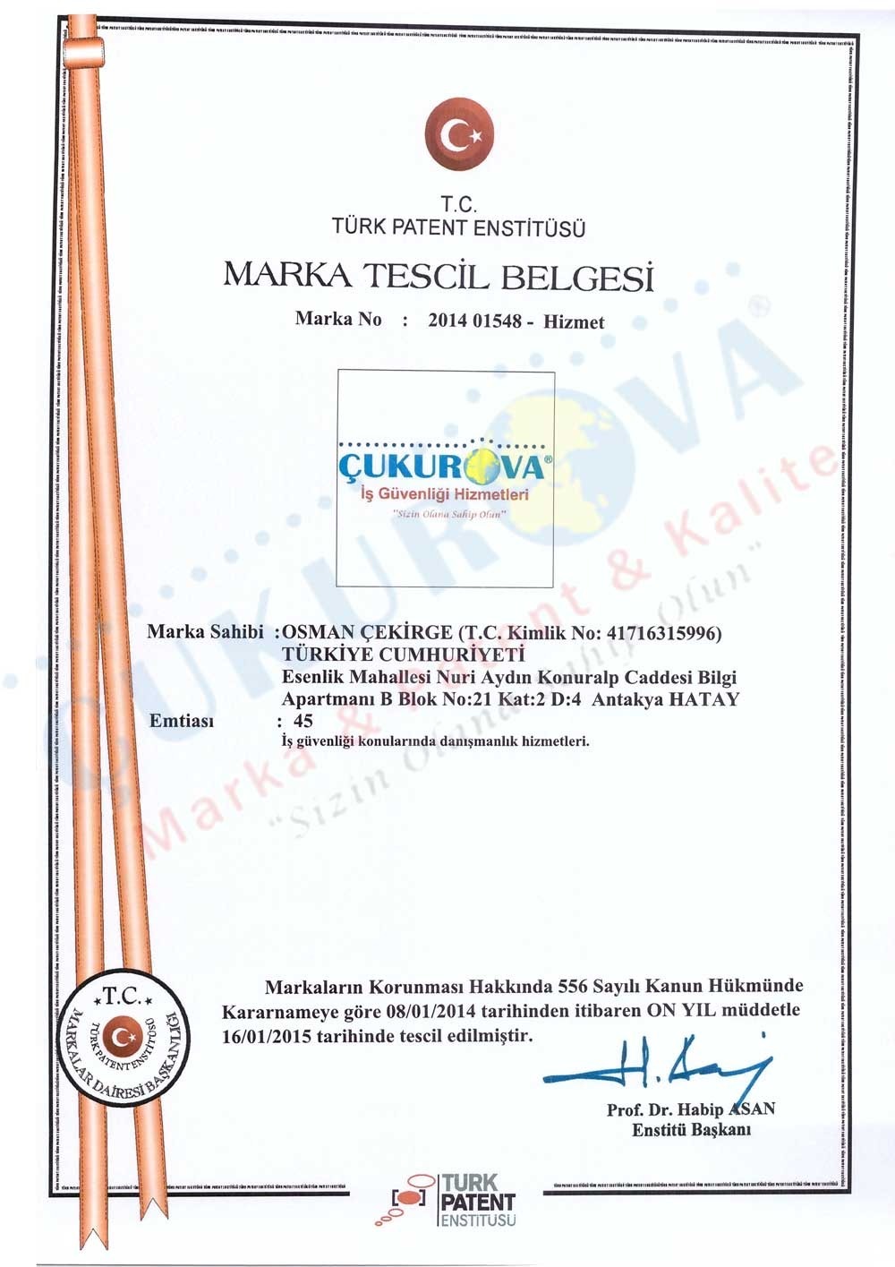 Çukurova İş Güvenliği Hizmetleri Maka Tescil Belgesi