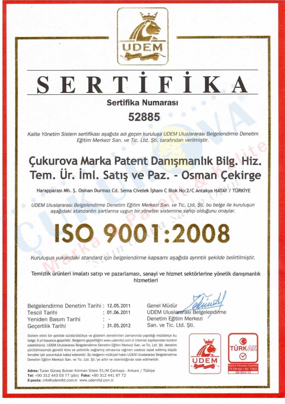 Çukurova Marka Patent 9001:2008 Belgesi