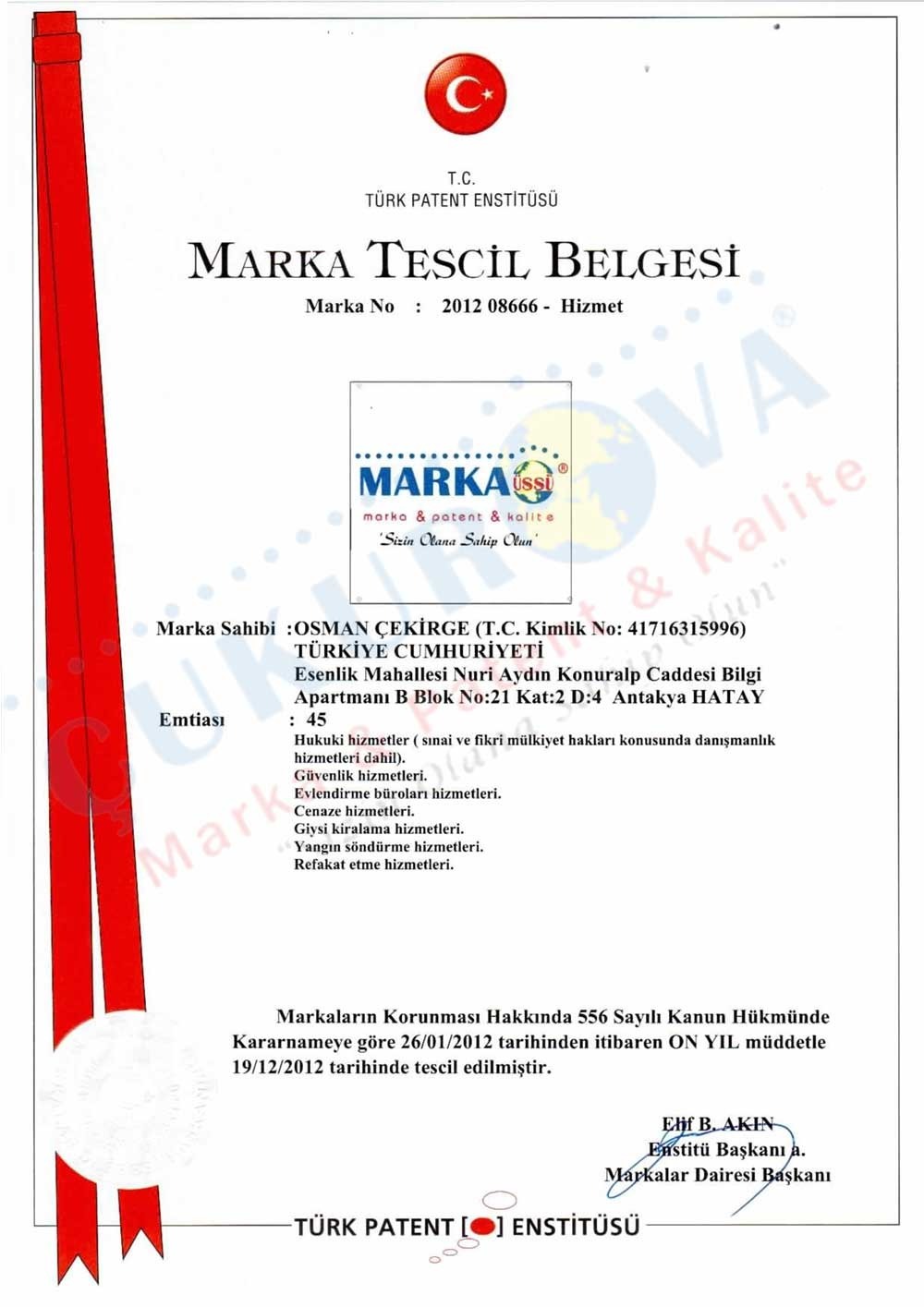 Marka Üssü Tescil Belgesi
