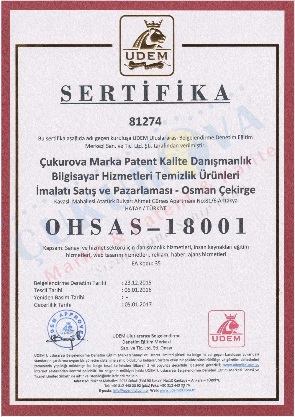 ÇUKUROVA PATENTISO 18001- OHSAS BELGESİ